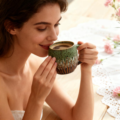 20oz Large Coffee Mug - Unique Handcrafted Look Ceramic Cup, Large Tea Mug, Microwave & Dishwasher Safe (Green)