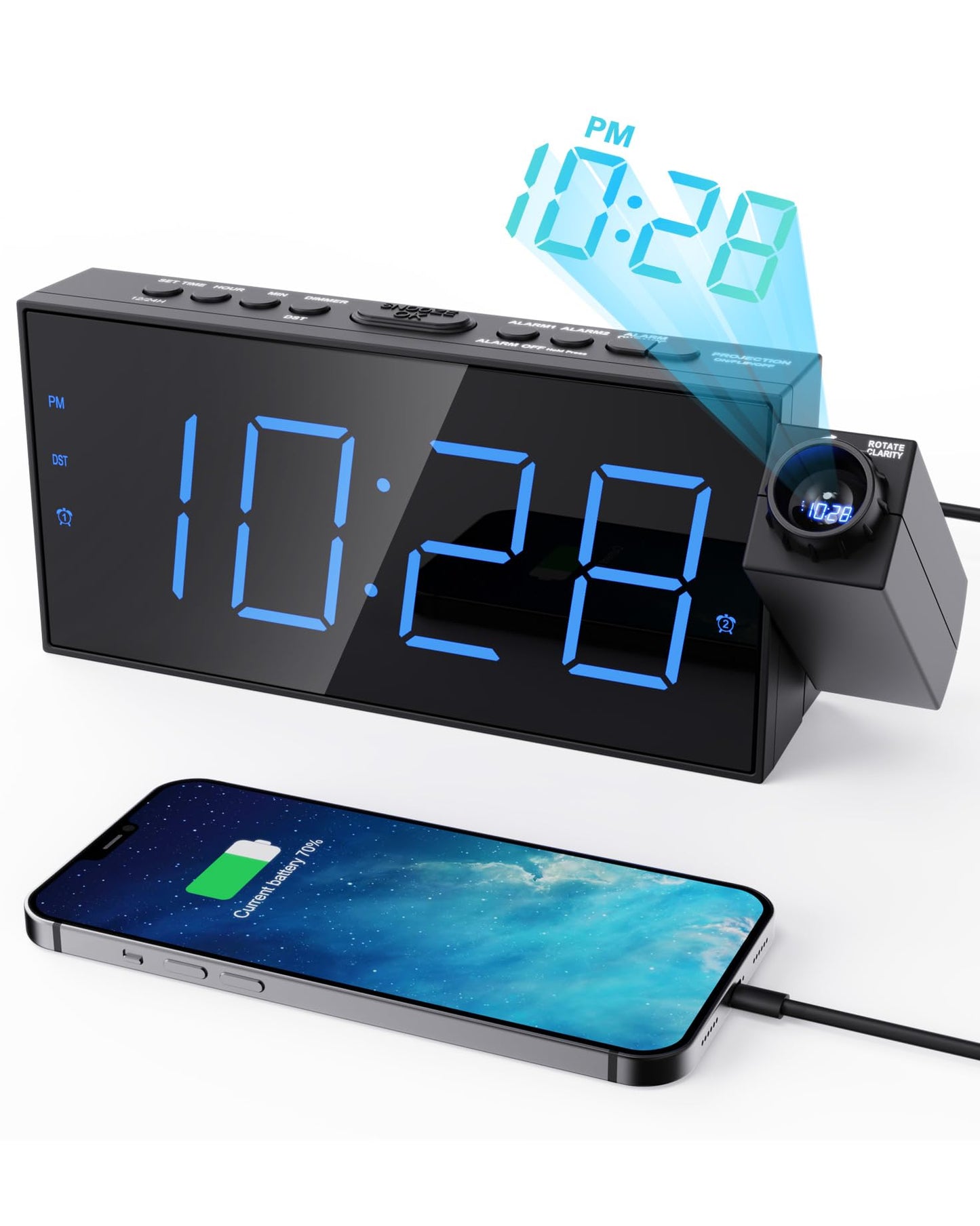 Projection Alarm Clock with USB Charging, 180° Rotating Projector (Up to 11ft), Dual Alarms, 5-Level Dimmer, 12/24H, DST, Snooze Function - Ideal for Heavy Sleepers, Seniors & Kids