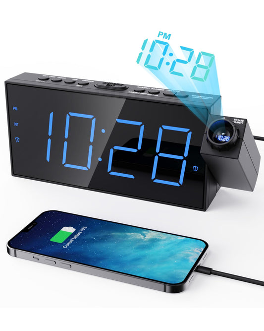 Projection Alarm Clock with USB Charging, 180° Rotating Projector (Up to 11ft), Dual Alarms, 5-Level Dimmer, 12/24H, DST, Snooze Function - Ideal for Heavy Sleepers, Seniors & Kids