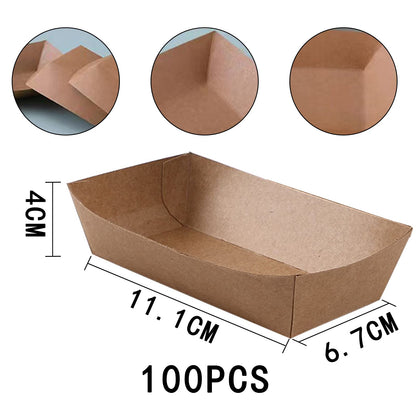 YYBD 100 Pack Kraft Paper Food Trays Disposable Brown Food Trays Recyclable Take Out Food Serving Boat Container Baskets Trays for Snacks French Fries Nachos Hot Dogs Tacos Picnic BBQ Party Supply