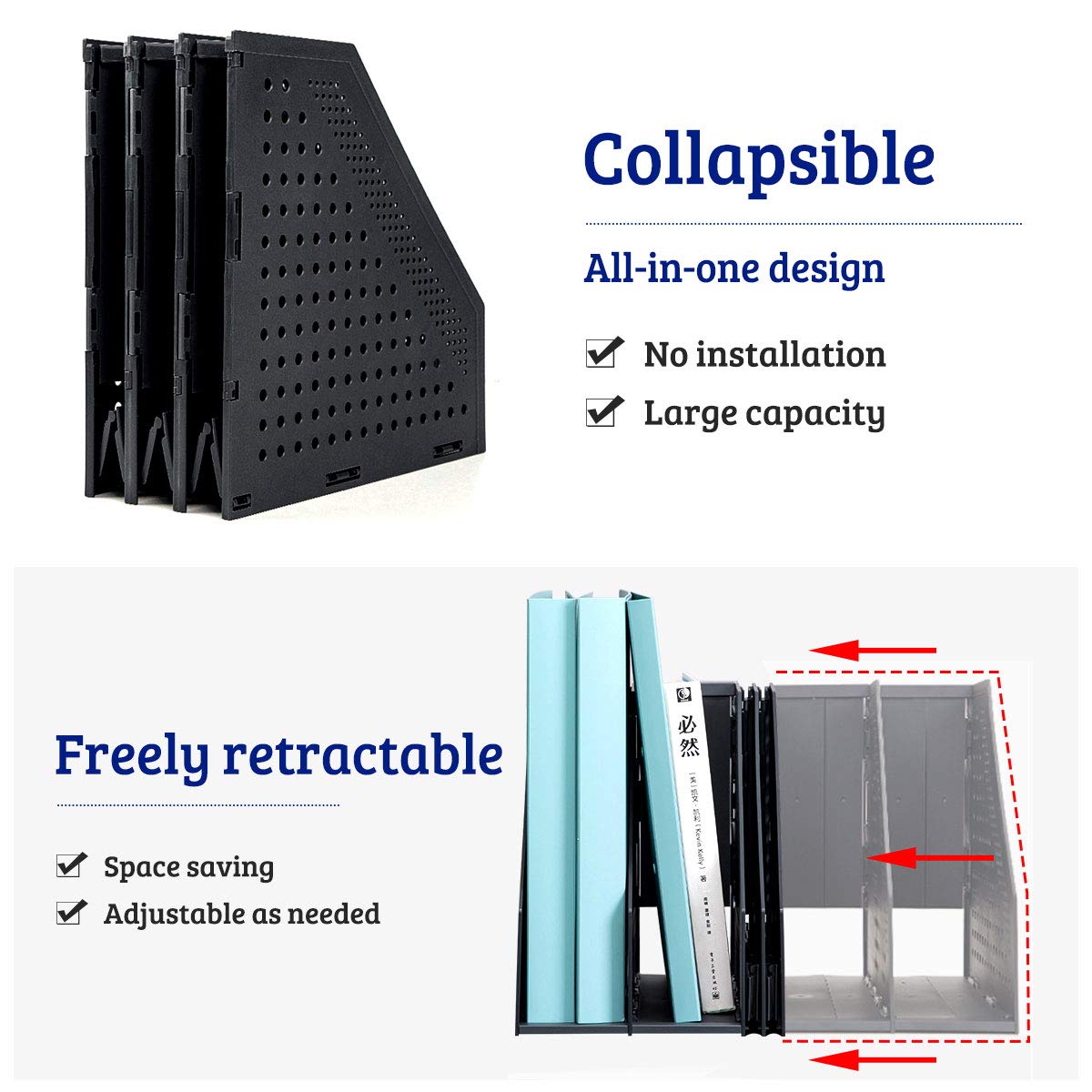 SAYEEC Collapsible Magazine Holder Plastic Desktop Vertical 4 Compartment File Magazine Organizer Holder File Divider Sorter Stand Office Document Organizer Storage Box Bins Home School Black