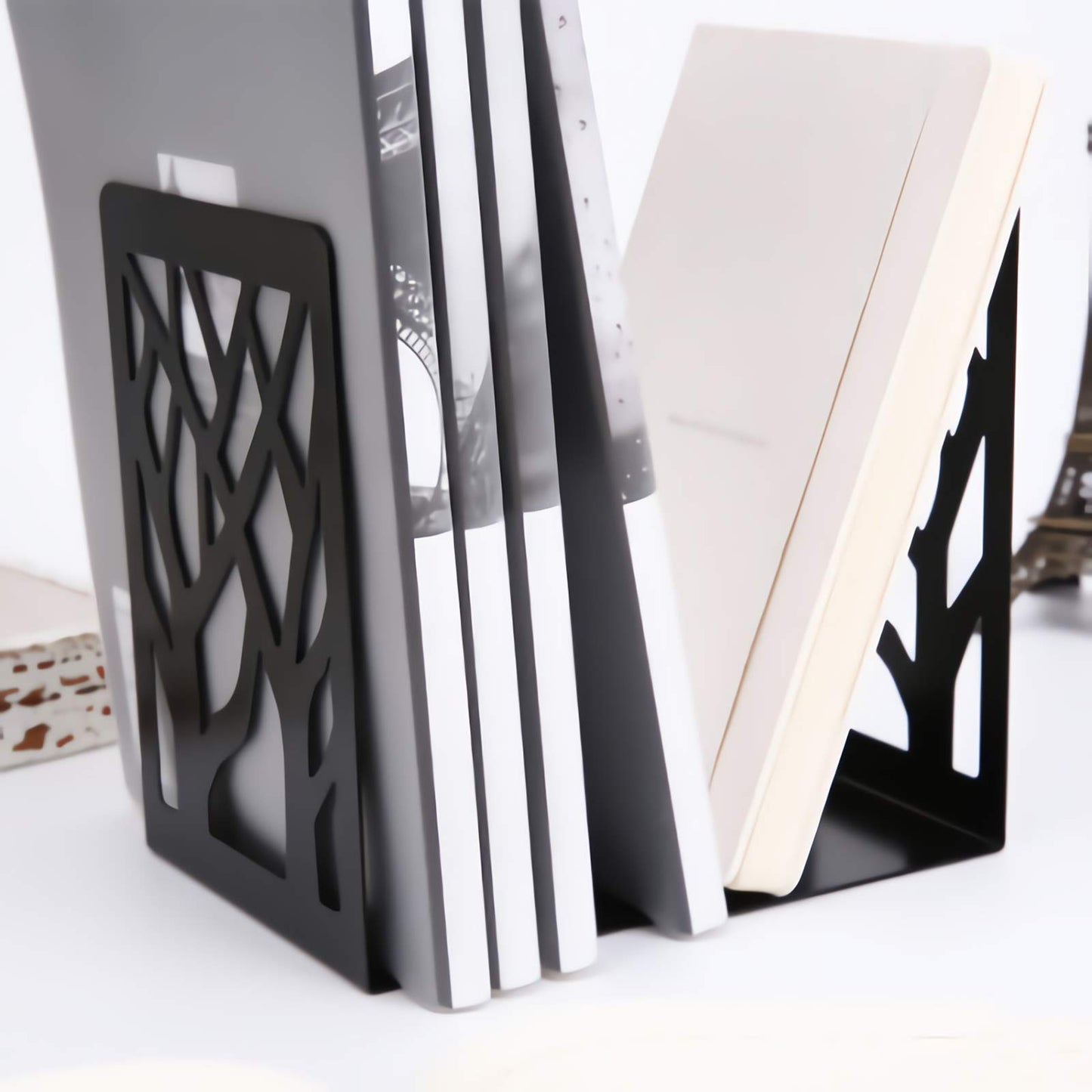 WUWEOT 4 Pair Book Ends, Metal Decorative Bookends for Heavy Books, Black Non-Skip Book Stopper for School, Home or Office, 6.9 x 4.7 x 3.5 Inches
