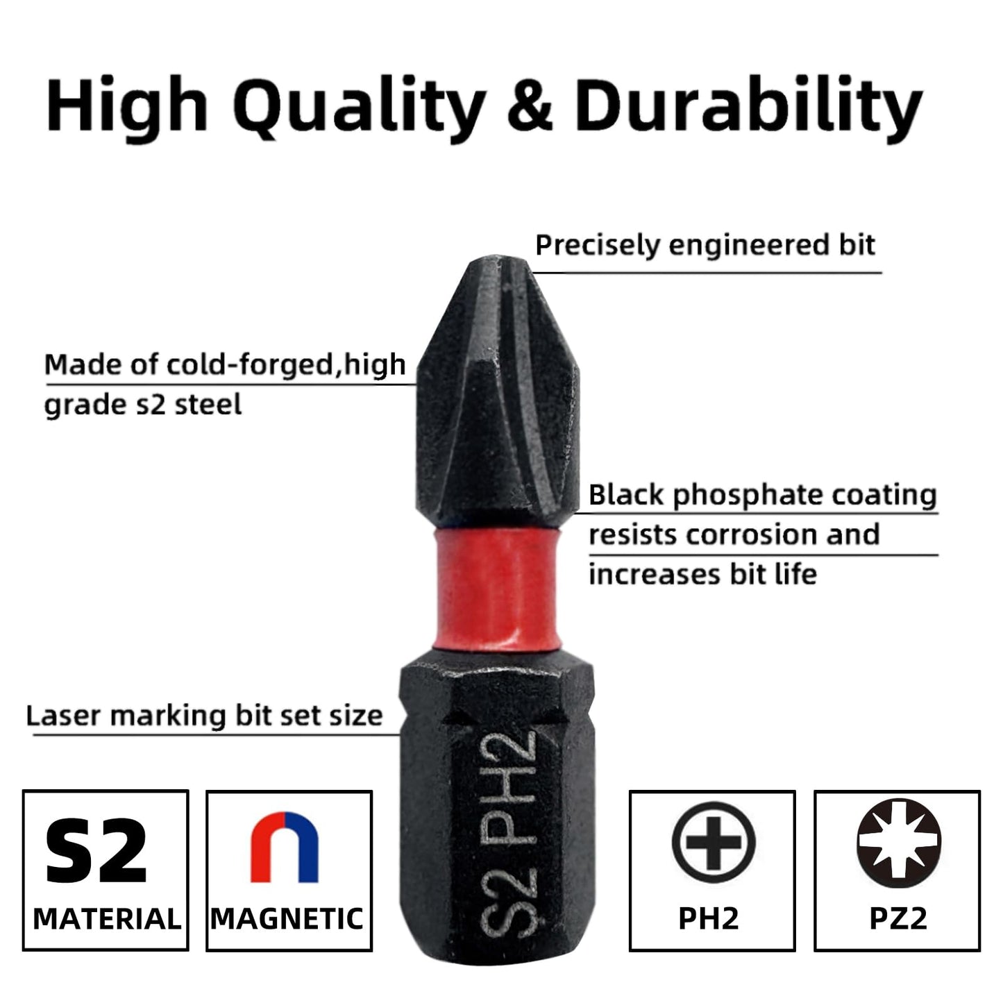 Impact Phillips Screwdriver Bits Set, 32 non-slip screwdriver bits, S2 steel, 1-inch PH2-PZ2 bits Setting, 1/4-inch hexagonal shank impact driver bit, with impact driver bit holder and storage case