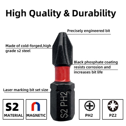 Impact Phillips Screwdriver Bits Set, 32 non-slip screwdriver bits, S2 steel, 1-inch PH2-PZ2 bits Setting, 1/4-inch hexagonal shank impact driver bit, with impact driver bit holder and storage case