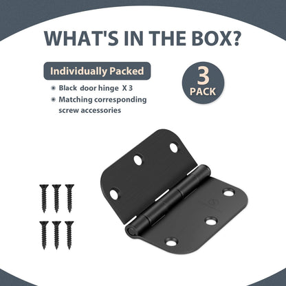 SORGMACH Door Hinge 3 1/2 Inch Interior Door Hinges Matte Black 3.5 Inch Interior Hinges 5/8" Radius Flat Iron Hinge 3 ½"x 3 ½" Door Hardware - 3 Pieces