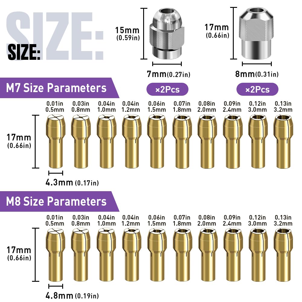 Drill Chuck Collet Set, Brass Collet Set,Collet Nut Kit,0.8-3.2mm Replacement 4486 Drill Keyless Chuck Collet Kit, Quick Change Rotary Drill Nut Tool Set