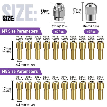 Drill Chuck Collet Set, Brass Collet Set,Collet Nut Kit,0.8-3.2mm Replacement 4486 Drill Keyless Chuck Collet Kit, Quick Change Rotary Drill Nut Tool Set
