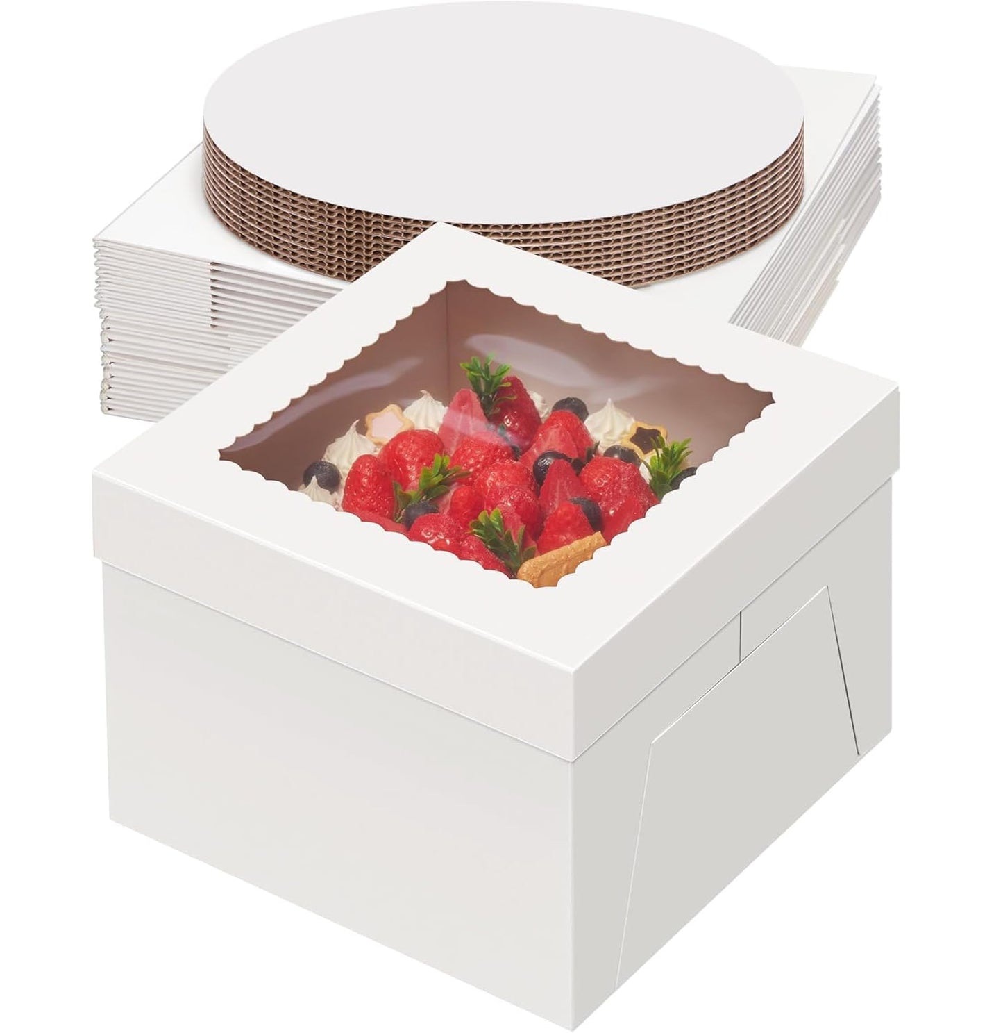 Miluoou 20pcs Cake Boxes with Cake Boards (10 Boxes & 10 Boards), 12x12x8 Inches White Bakery Box with Window, Large Baking Boxes, Square Cake Box for Multi-Layer Cakes, Cake Decorating Supplies