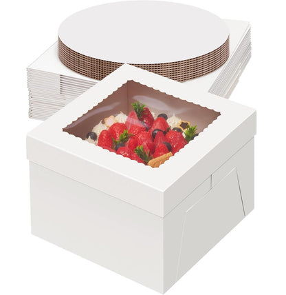 Miluoou 20pcs Cake Boxes with Cake Boards (10 Boxes & 10 Boards), 12x12x8 Inches White Bakery Box with Window, Large Baking Boxes, Square Cake Box for Multi-Layer Cakes, Cake Decorating Supplies