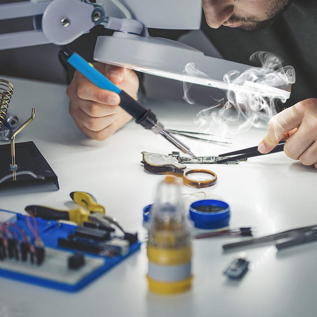 Soldering Iron Kit Electronics, 60W Soldering Welding Iron Tools with ON-Off Switch, 5pcs Soldering Iron Tips, Solder Sucker, Soldering Iron Stand, Tweezers, Solder Wire, Wire Cutter, PU Carry Bag