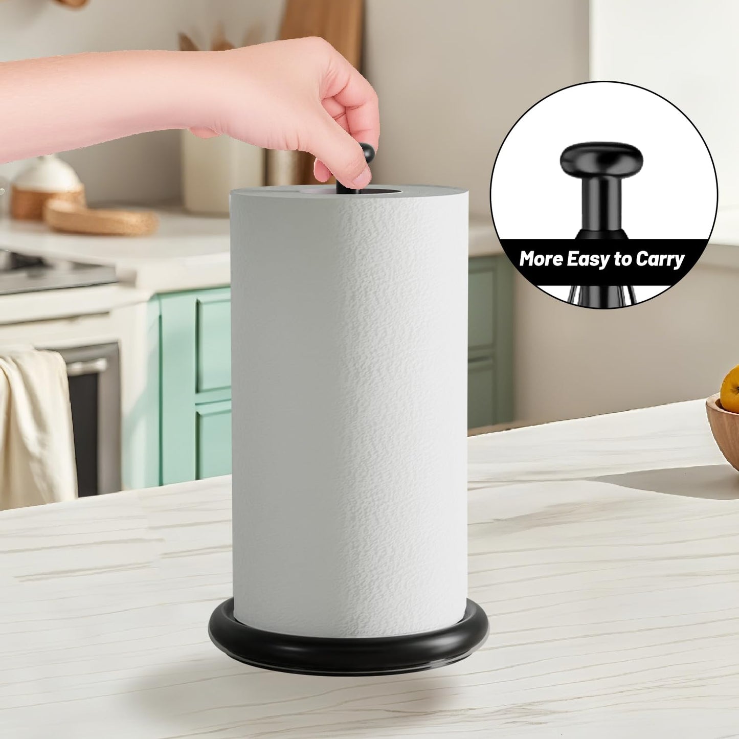 VEHHE Paper Towel Holder Countertop, One-Handed Tear Paper, Weighted Base with EVA Non-Slip Pad, Stainless Steel, Kitchen Towel Holder Stand with Ratchet Mechanism for Kitchen Bathroom Black