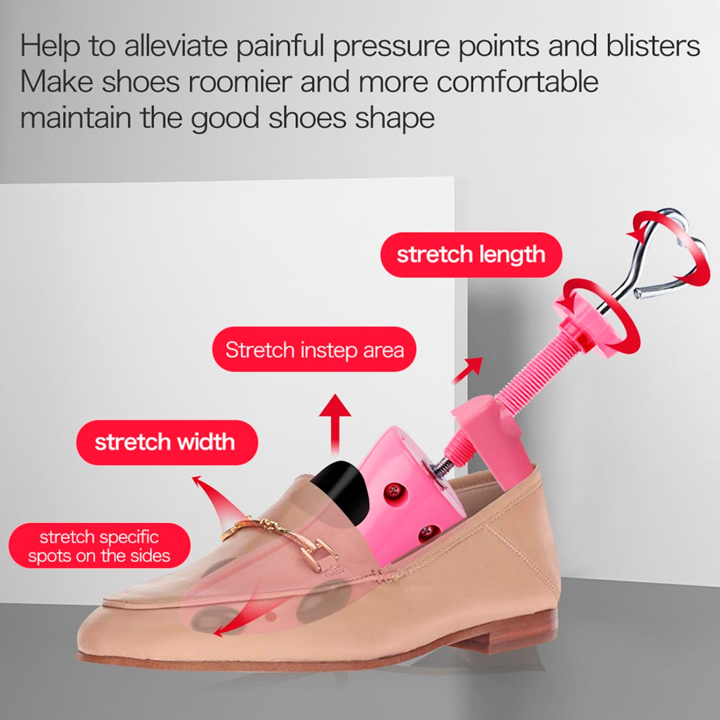 Shoe Stretcher Women, Pair of 4-way Adjustable Shoe Widener Expander to Stretch Length Width Height for Wide Feet, Tough Plastic Shoe Tree Shaper with Bonus 12 Bunion Plugs, Medium