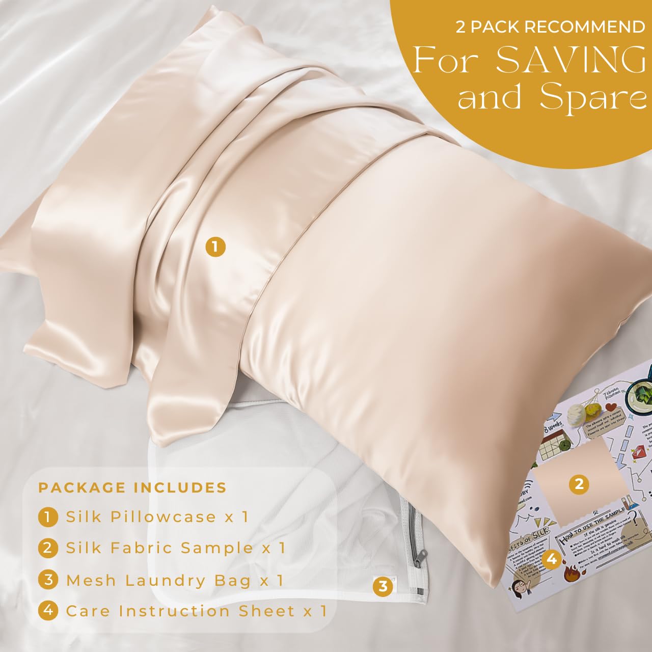 PROMEED 100% Mulberry Silk Pillowcase for Hair and Skin, Both Sides 23 Momme Grade 6A+ Silk Pillow Case with Hidden Zipper, 1400 TC, Soft & Smooth (Standard 20"x26", Champagne)