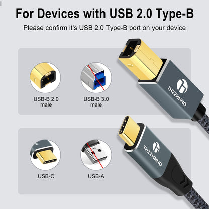 Thzzhnno USB B to USB C Printer Cable 15FT/5M, USB C to USB 2.0 B Cord for MacBook Pro, MIDI Cable for Yamaha Casio Digital Piano, MIDI Keyboard, DJ Controller