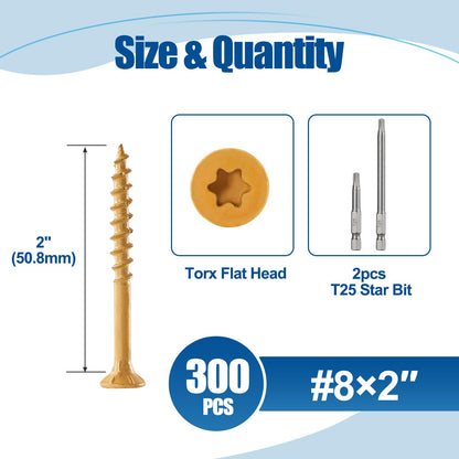 ANCHOREASE Wood Screws #8×2", 300 Pcs, Deck Screws, Rust Resistant, Exterior Epoxy Coated, Outdoor Decking Screws, Torx/Star Drive Head Deck Screw, 2 Pcs T25 Star Bit Included, Tan
