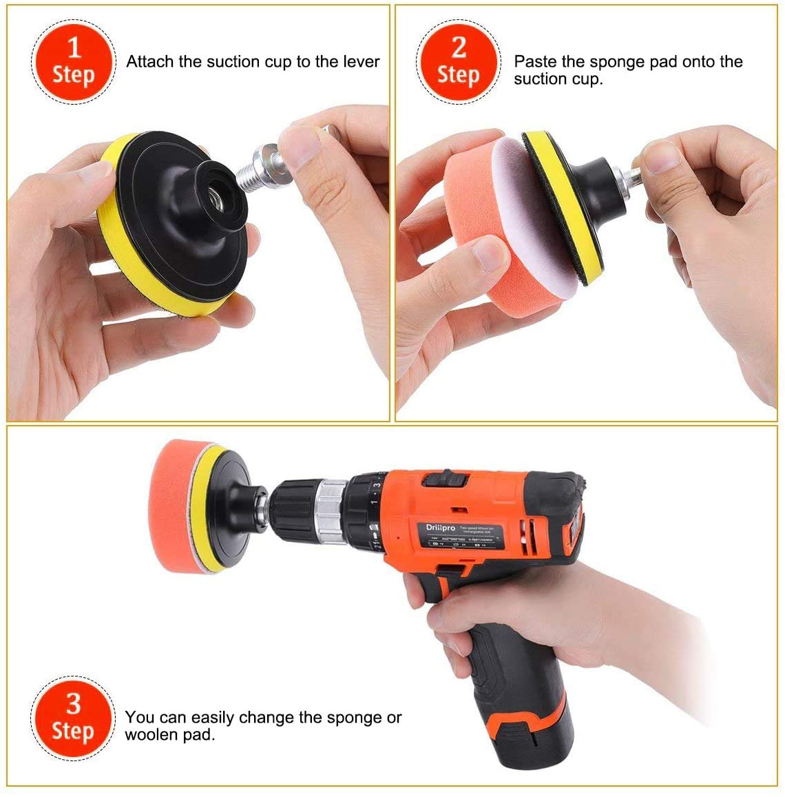 VASLON 38Pcs/lot 3 inch Car Polishing Buffing Waxing Kit Polisher Sponge Pads Set with Drill Adapter for Vehicle Waxing Boat Polishing(30 Pads+2 Drill Adapters+2 Suction Cups+2 woolen fiber polishing pads+2 pieces hook and loop pads)