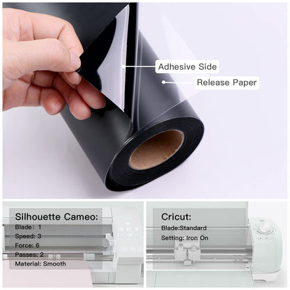 YRYM HT Black Permanent Adhesive Vinyl Roll - 12" x 50 FT for Signs, Scrapbooking, Adhesive Vinyl Sheets for Cricut, Silhouette and Cameo Cutters