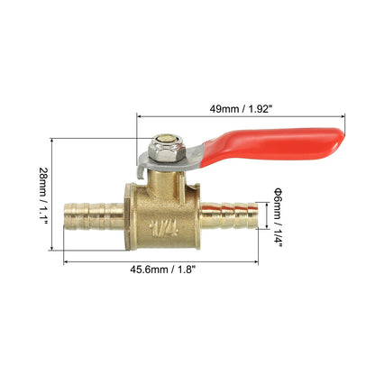 uxcell 1/4" Mini Ball Valve, Brass Shut-Off Valve Switch Hose Barb Pipe Tube Fittings 90 Degree Red Operation Handle, Brass Valve, 5 Pcs