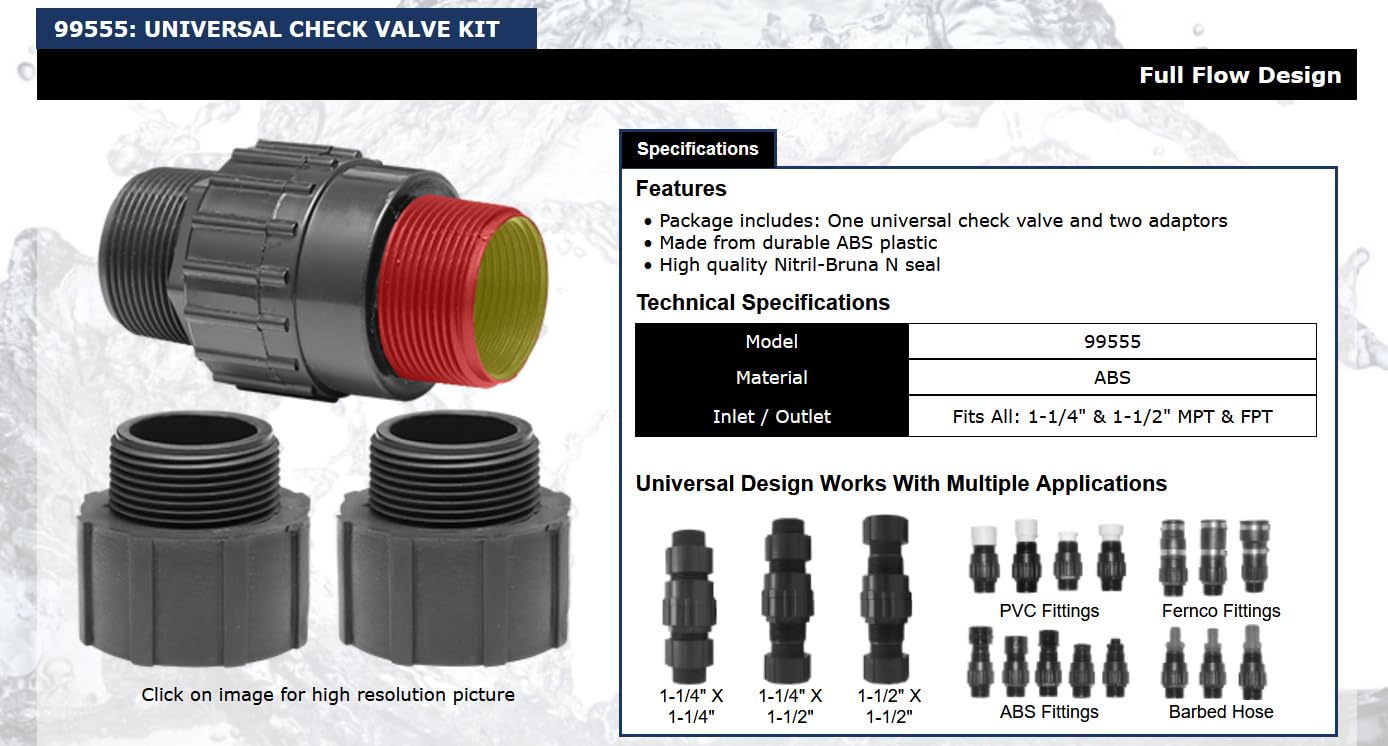 Superior Pump 99555 Universal Check Valve; fits all: 1-1/4" and 1-1/2" MPT and FPT , Black