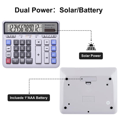 Comix Desktop Calculator Solar Battery Dual Power with 12-Digit Large LCD Display and Large Computer Keys Standard Function Calculator for Home Office School, White