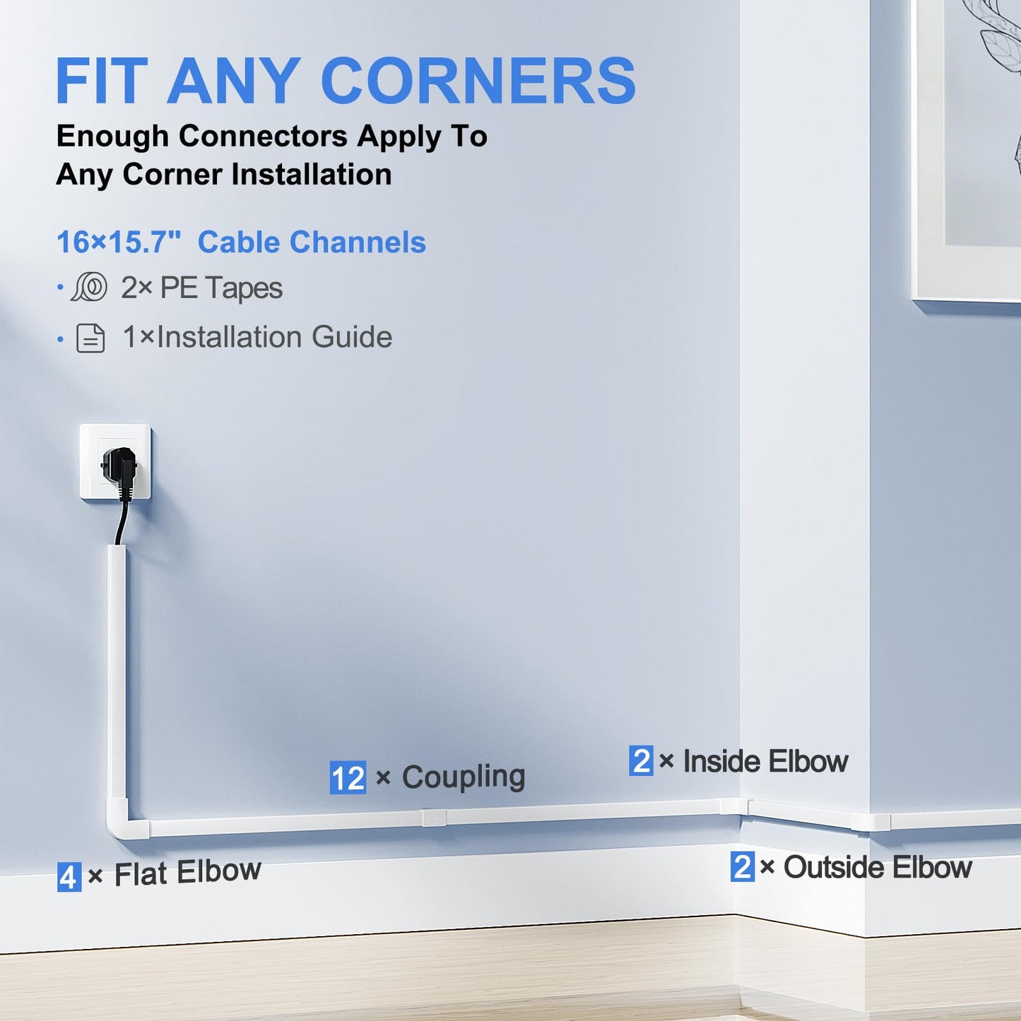 Yecaye 250" Cable Concealer, 16 Pack Cord Hider Wall Cable Management System, Paintable PVC Wire Cover Raceway Kit for a Power Cord, Ethernet Cable, Speaker Wire, Each L15.7in, W 0.59in H 0.4in, White