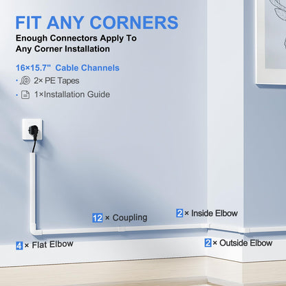 Yecaye 250" Cable Concealer, 16 Pack Cord Hider Wall Cable Management System, Paintable PVC Wire Cover Raceway Kit for a Power Cord, Ethernet Cable, Speaker Wire, Each L15.7in, W 0.59in H 0.4in, White