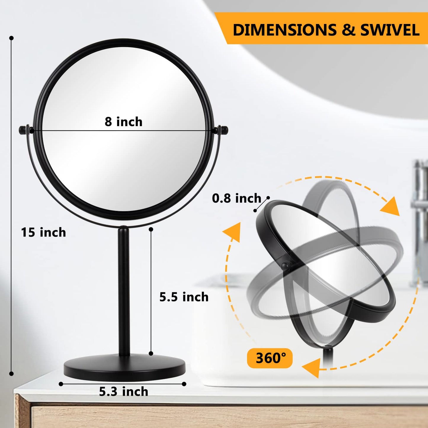 10x Magnifying Makeup Mirror, 8 Inch Tabletop Mirror Double Sided with Magnification, Swivel Make Up Mirror for Bathroom, Black ALHAKIN