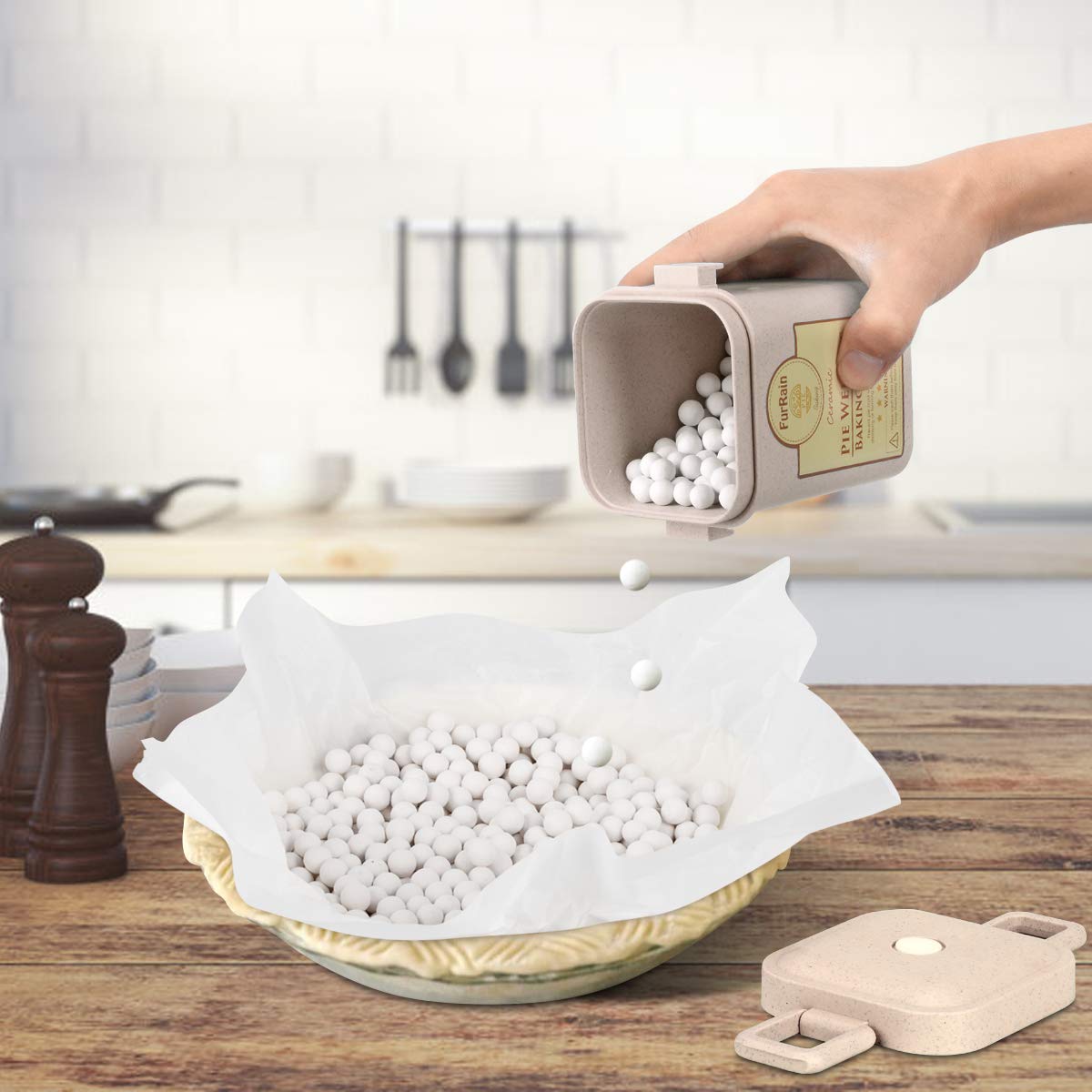 Ceramic Pie Weights Reusable 10mm Baking Beans Pie Crust Weights Natural Ceramic Stoneware with Wheat Straw Container (1PCS (1.2 LB))