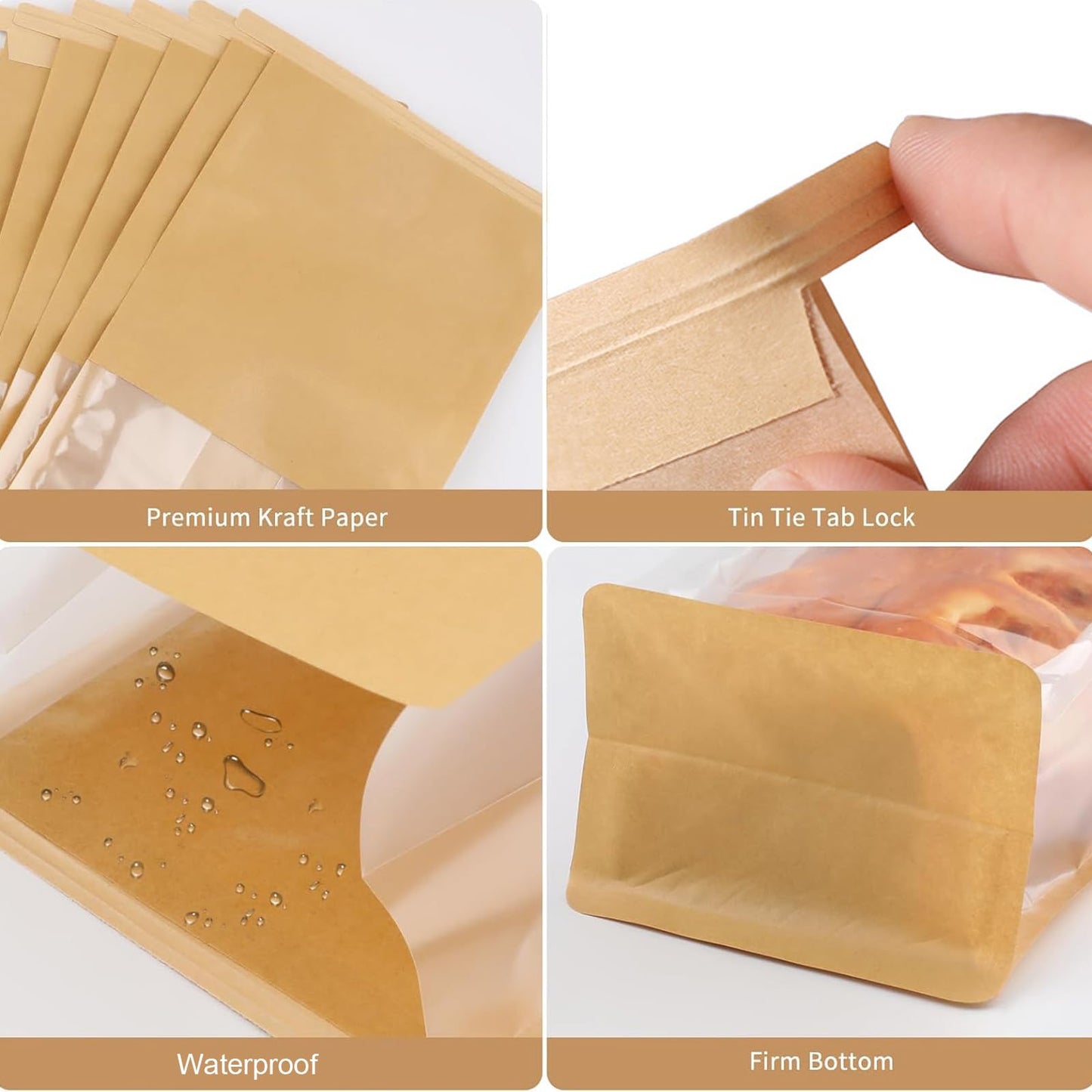 Bakery Bags with Window 50 Pcs, 11x8.66x4.33 Inches Kraft Brown Window Paper Bags with Tin Tie Tab Lock for Bread, Coffee Bean, Cookies, Snack