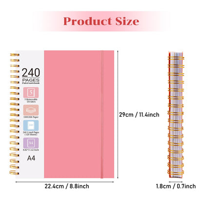 Spiral Notebook 8.8" x 11.4", 5 Subject Notebooks College Ruled with Tabs and Removable Dividers, Large A4 240 Pages 100GSM Thick Spiral Writing Journal Notebooks for Work, School (Pink)