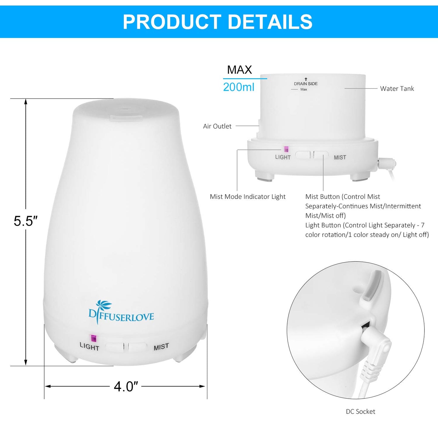 Diffuserlove Essential Oil Diffusers 200ML Remote Control Ultrasonic Mist Humidifiers BPA-Free Aromatherapy Diffuser with 7 Color Lights and Waterless Auto Shut-Off for Bedroom Office Kitchen