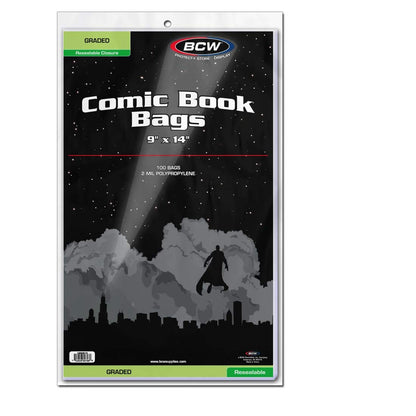 BCW Resealable Graded Comic Book Bags - Pack of 100 | Crystal Clear Polypropylene Sleeves for CGC and CBCS Slabs | Acid-Free, Archival Quality Resealable Comic Book Protectors - 9x14