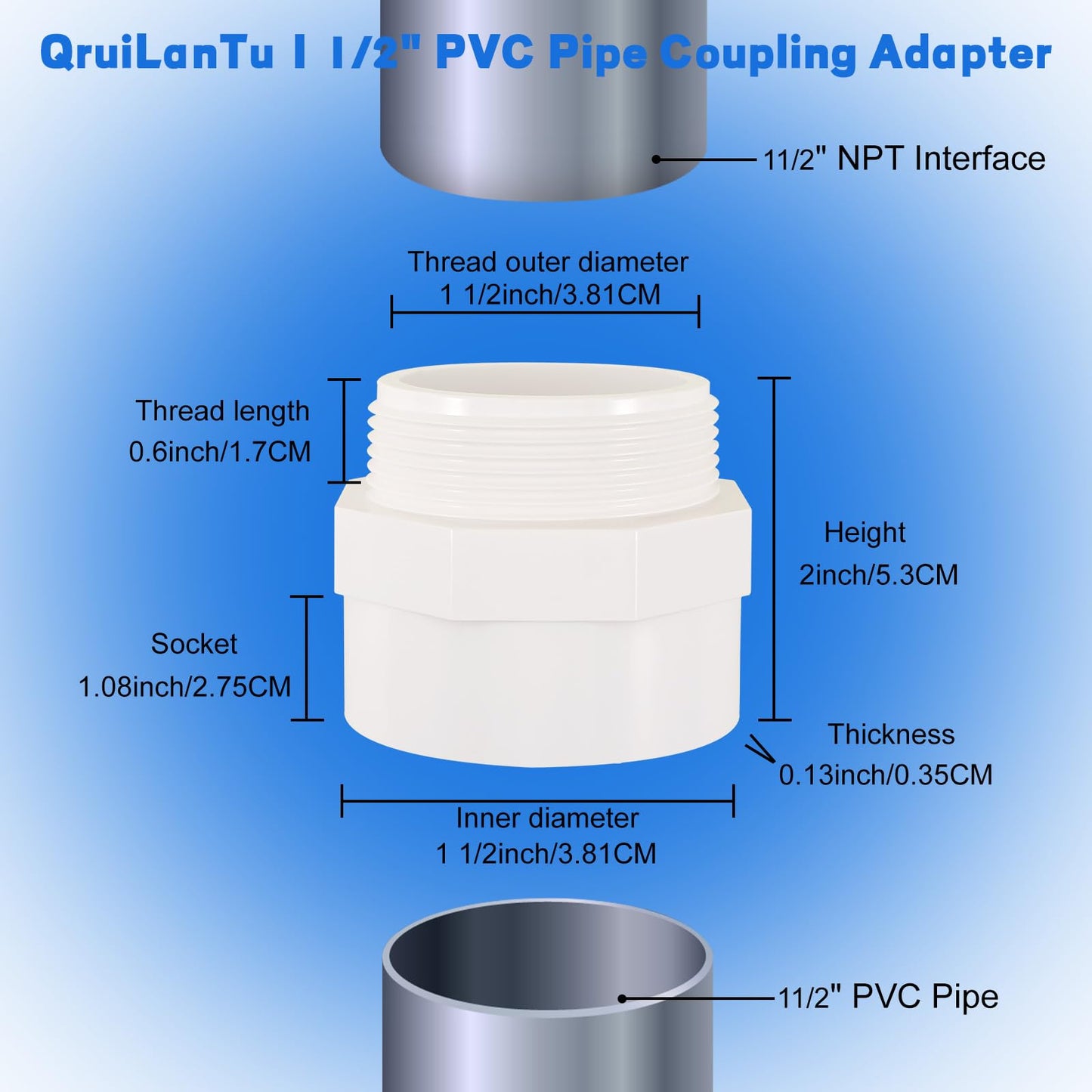 QruiLanTu 4Pcs 1 1/2" White 2-Way PVC Pipe Coupling Adapter Hex Nipple NPT Male Thread Pipe Coupling Adapter Connectors for 1 1/2 Inch PVC Pipe Socket x NPT Male