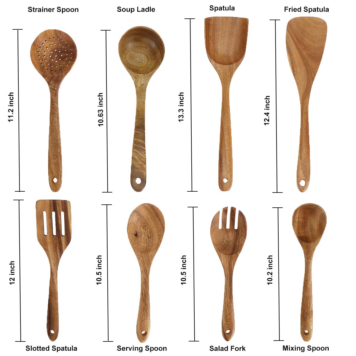 Bekith 8 Pack Wooden Spoons for Cooking, Kitchen Utensils Set, Natural Teak Long Wood Spoon and Spatula for High Heat Stirring, Baking, Non Stick Pots and Pans