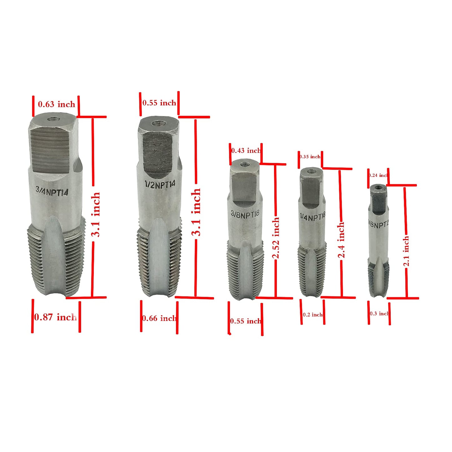 5 Piece NPT Thread Forming Taps, Pipe Taps Set, High-Speed Steel Drill Bits for Cleaning or Re-Thread Damaged or Jam Pipe Threads, Size 1/8", 1/4", 3/8", 1/2", 3/4"