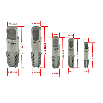 5 Piece NPT Thread Forming Taps, Pipe Taps Set, High-Speed Steel Drill Bits for Cleaning or Re-Thread Damaged or Jam Pipe Threads, Size 1/8", 1/4", 3/8", 1/2", 3/4"