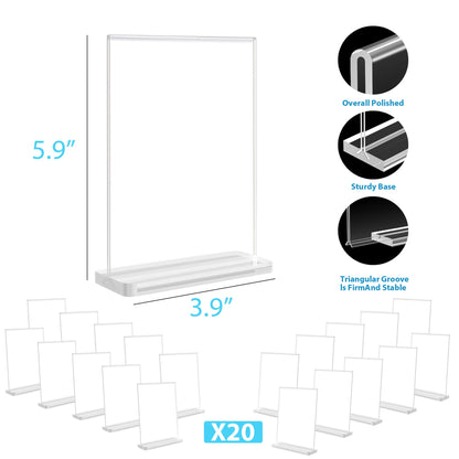 20 Pack Acrylic Sign Holder Clear Display Stand Double Sided Vertical Flyer Menu Brochure Holders for Restaurant Wedding School Office Hotel Party, 4 x 6Inch