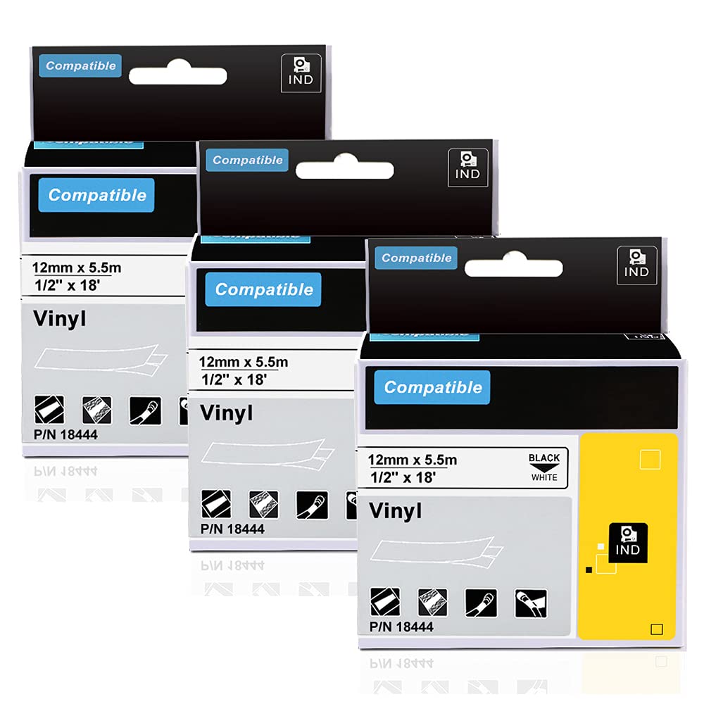 3 Pack Replace DYMO 18444 Rhino Industrial Permanent Vinyl Label Tapes Compatible with DYMO Rhino 4200 5200 5000 6000 Label Makers and More, Black on White, 1/2 inch x 18 feet