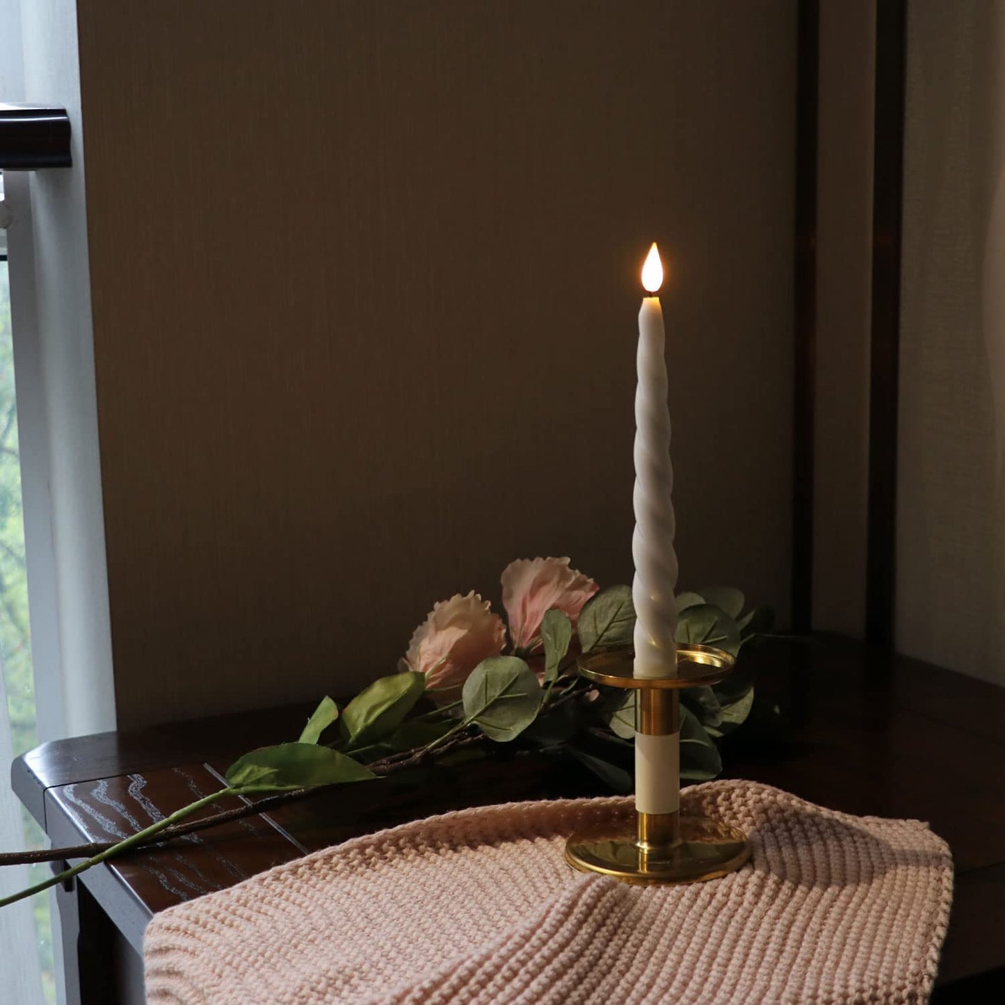 Rhytsing Set of 4 White Flameless Twist Taper Candles 9.65'' with Timer, Battery Powered Spiral Table Dinner Wedding Candles, Warm White Light, Remote & Batteries Included