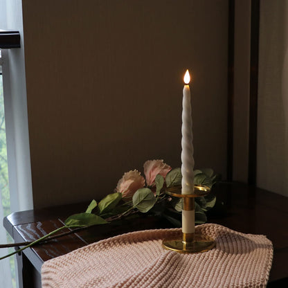 Rhytsing Set of 4 White Flameless Twist Taper Candles 9.65'' with Timer, Battery Powered Spiral Table Dinner Wedding Candles, Warm White Light, Remote & Batteries Included