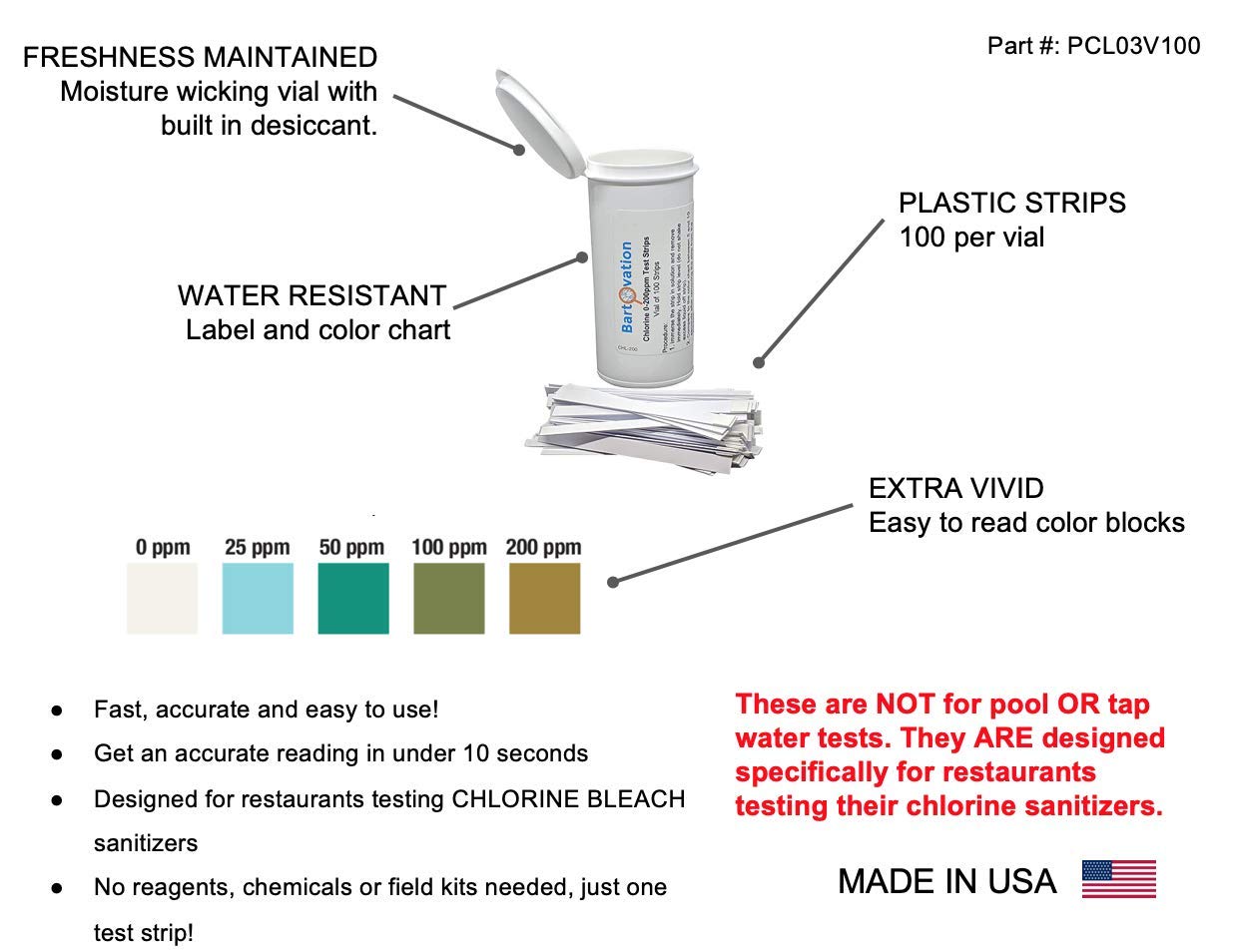 Restaurant Chlorine Sanitizer Plastic Test Strips, 0-200 ppm [Moisture Wicking Vial of 100 Strips]