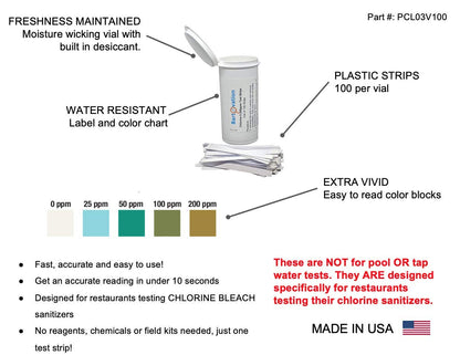 Restaurant Chlorine Sanitizer Plastic Test Strips, 0-200 ppm [Moisture Wicking Vial of 100 Strips]