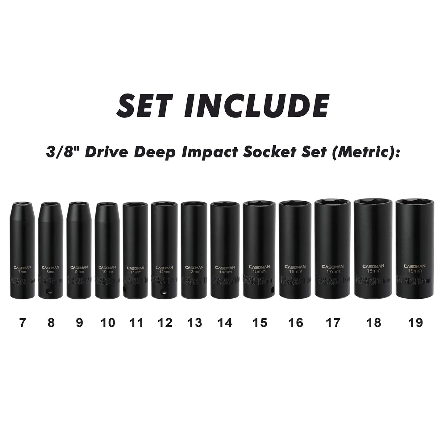 CASOMAN 13 Pieces 3/8-Inch Drive Impact Socket Set, 6-Point, Metric, Deep, CR-V, 7mm to 19mm, Heavy Duty Blow Molded Storage Case