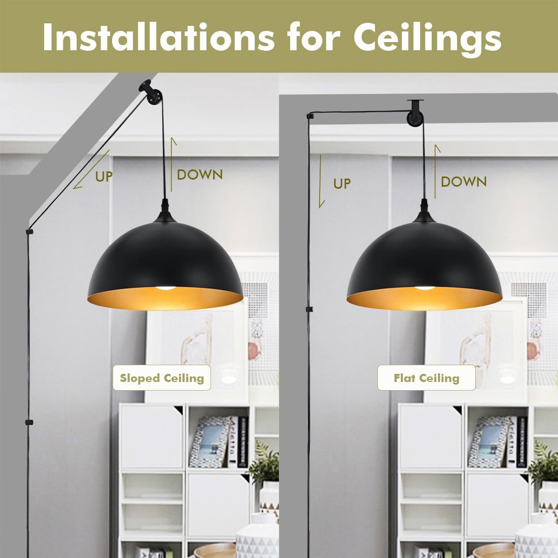 Pulley Wheel for Plug in Pendant Light, Wall Ceiling Mount-Pulley for Hanging Lamp, 1 Pack PulleyWheel and 4 Pack Swag Hooks for Hanging Electric Wire Cable Cord Chandelier Plant Grow Lights (Black)