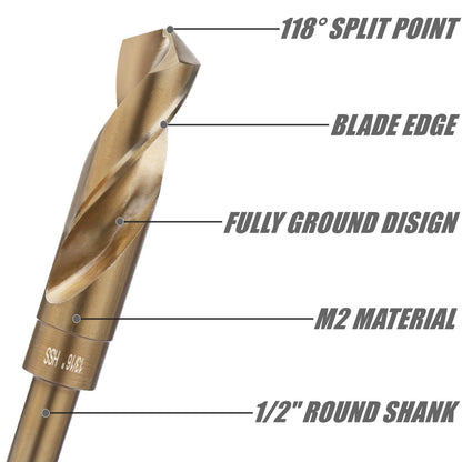 Vearter 1'' Twist Drill Bit, HSS M2 Quick Change Jobber Drill Bit with 1/2'' Round Shank, 118 Degree Split Point, Ideal for Steel, Copper, Aluminum, Zinc Alloy, Wood and Plastic