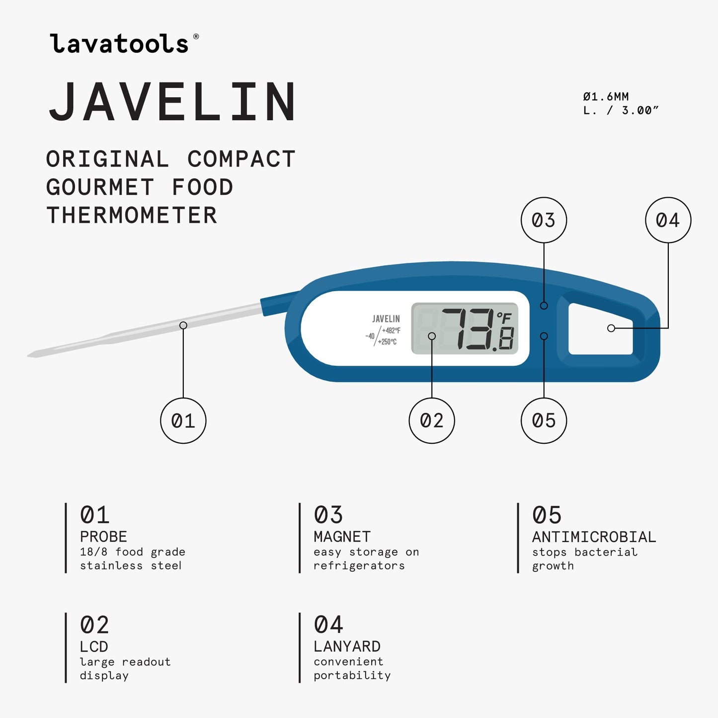 Lavatools Javelin® Ultra-Fast 2-Second Digital Instant Read Meat Thermometer for Cooking, 2.75" Probe, Compact Foldable Design, Large Display, Splash Resistant – Milk