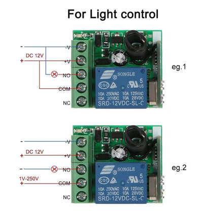 DC 12V Wireless Remote Control Switch, 433Mhz 10A 1CH Relay Remote Control Switch (2 Transmitter and 1 Receiver)，Transmitter for Various Wireless Controls