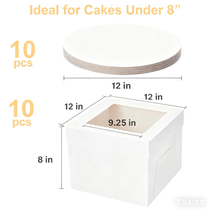 Miluoou 20pcs Cake Boxes with Cake Boards (10 Boxes & 10 Boards), 12x12x8 Inches White Bakery Box with Window, Large Baking Boxes, Square Cake Box for Multi-Layer Cakes, Cake Decorating Supplies