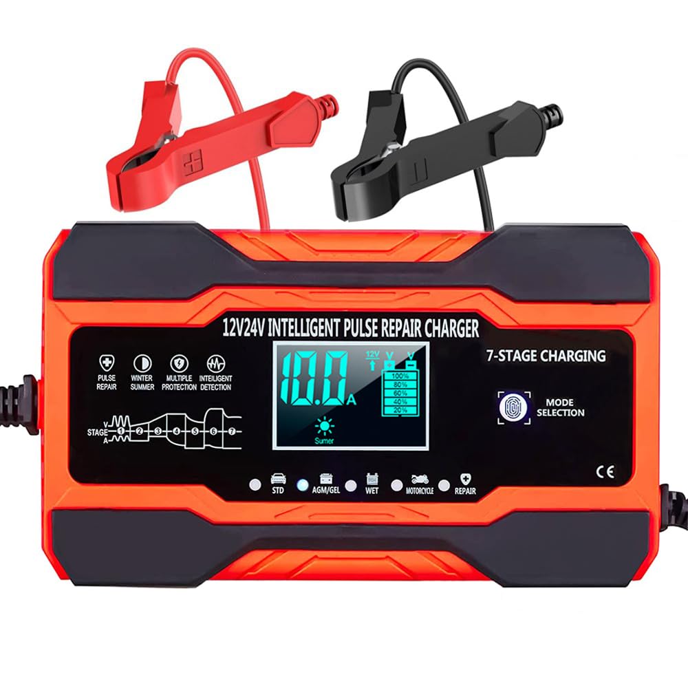 10-Amp 12V 24V Smart Car Battery Charger | Fully-Automatic Trickle Charger & Maintainer | Pulse Repair Desulfator for AGM Gel SLA Flooded Batteries