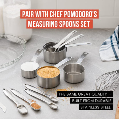 Chef Pomodoro Stainless Steel Measuring Cup Set, Nested and Stackable with 7 Pieces, Sturdy Extra-Long Handles with Lasered Markings and Sorting Ring, Metal Kitchen Spoons for Wet and Dry Ingredients